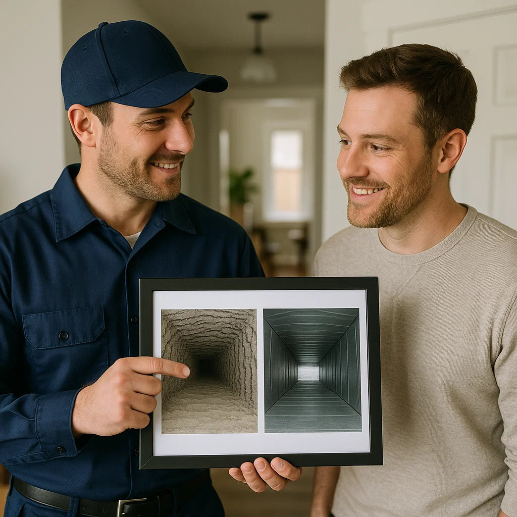 Technician using rotary brushes and strong suction to deep-clean air ducts in a Greatwood TX home, removing debris and improving airflow.
