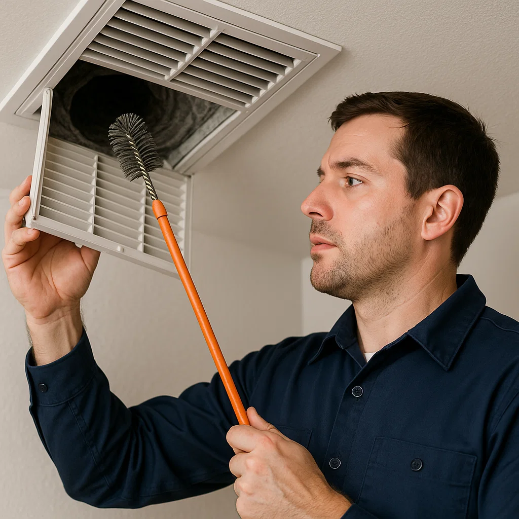 Technician cleaning air ducts in a Greatwood TX home to remove buildup, improve airflow, and enhance indoor comfort.